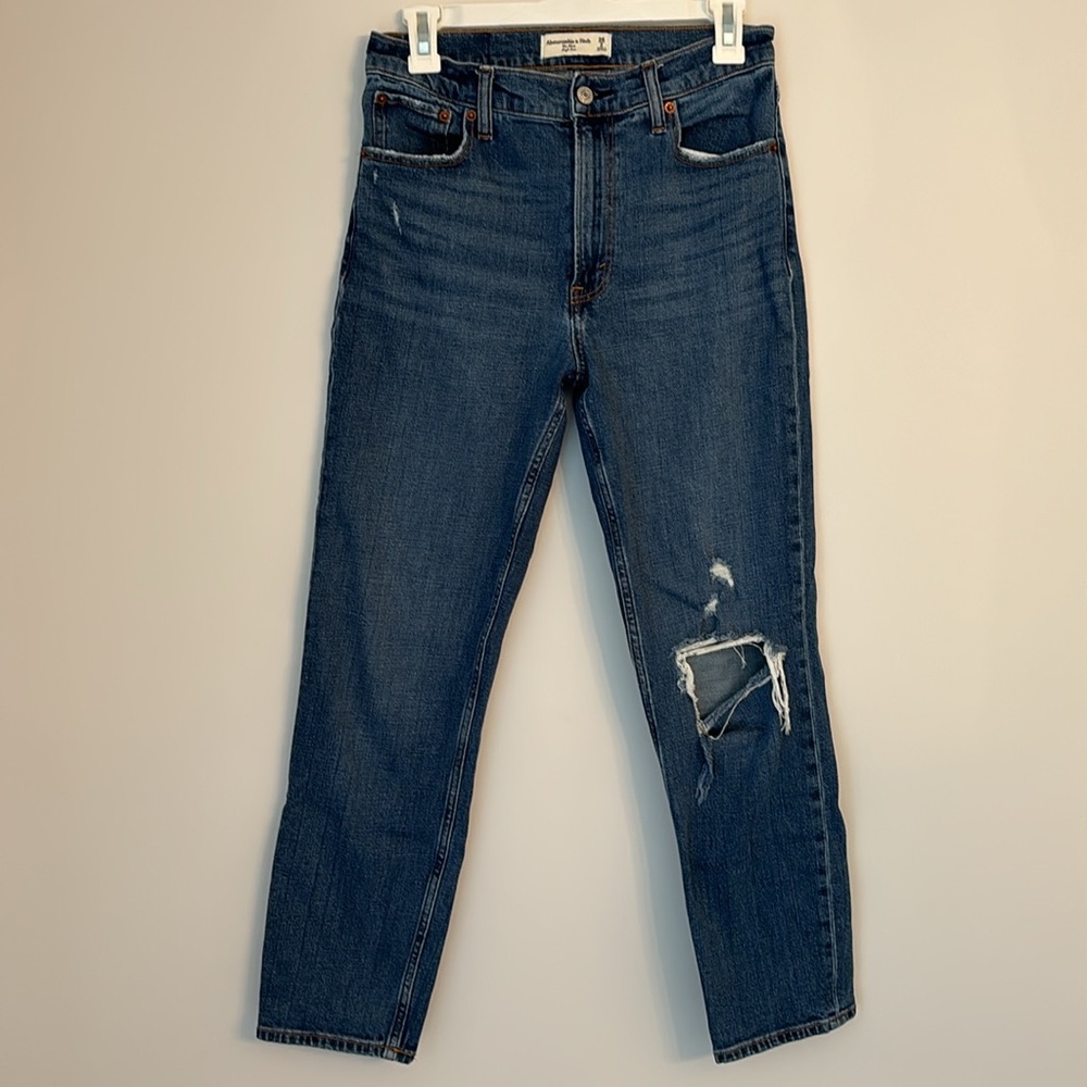 Abercrombie High Rise Mom Jeans Dark Wash Distressed Size 26